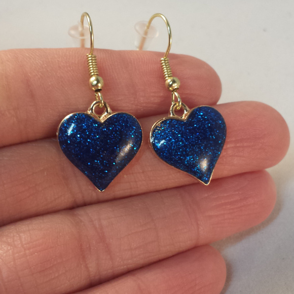 Gold Blue Mystical Heart Earrings Hypoallergenic Hook - Picture 2 of 2